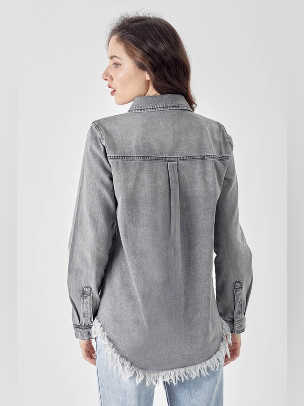 0073. NEW Women's Washed Gray Button-Down Denim Shirt with Frayed Hem - Picture 2 of 2
